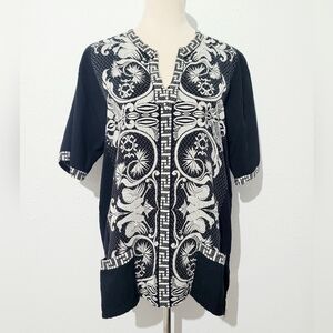 Giras Black White Embroidered Tunic Top Greek Style 50/50 Cotton Viscose Size L